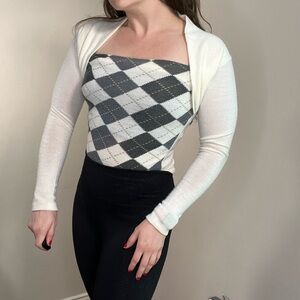 Vintage Made in Italy Long Sleeve Argyle Top Size 6 Cream and Gray